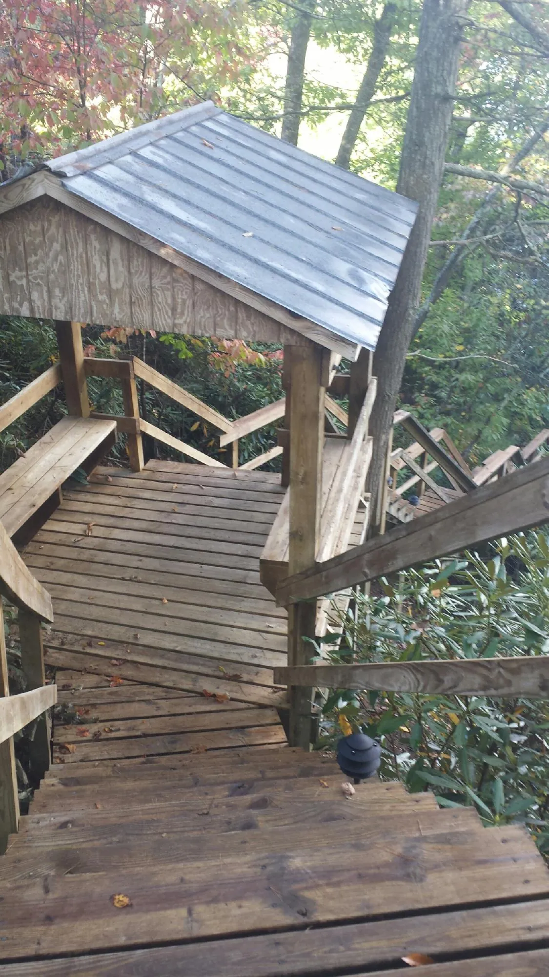 Metal roofed shelter over wooden steps on a wooded walkway — Skylight Repair & Installation work by our crew in Vidalia